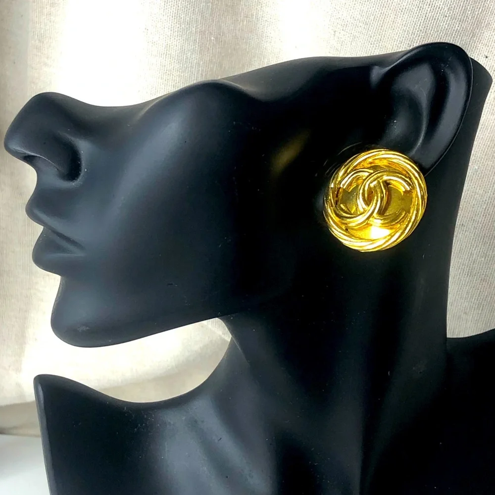 CHANEL Gold Interlinked CC Rope Bezel Detail Statement Earrings w/ Box